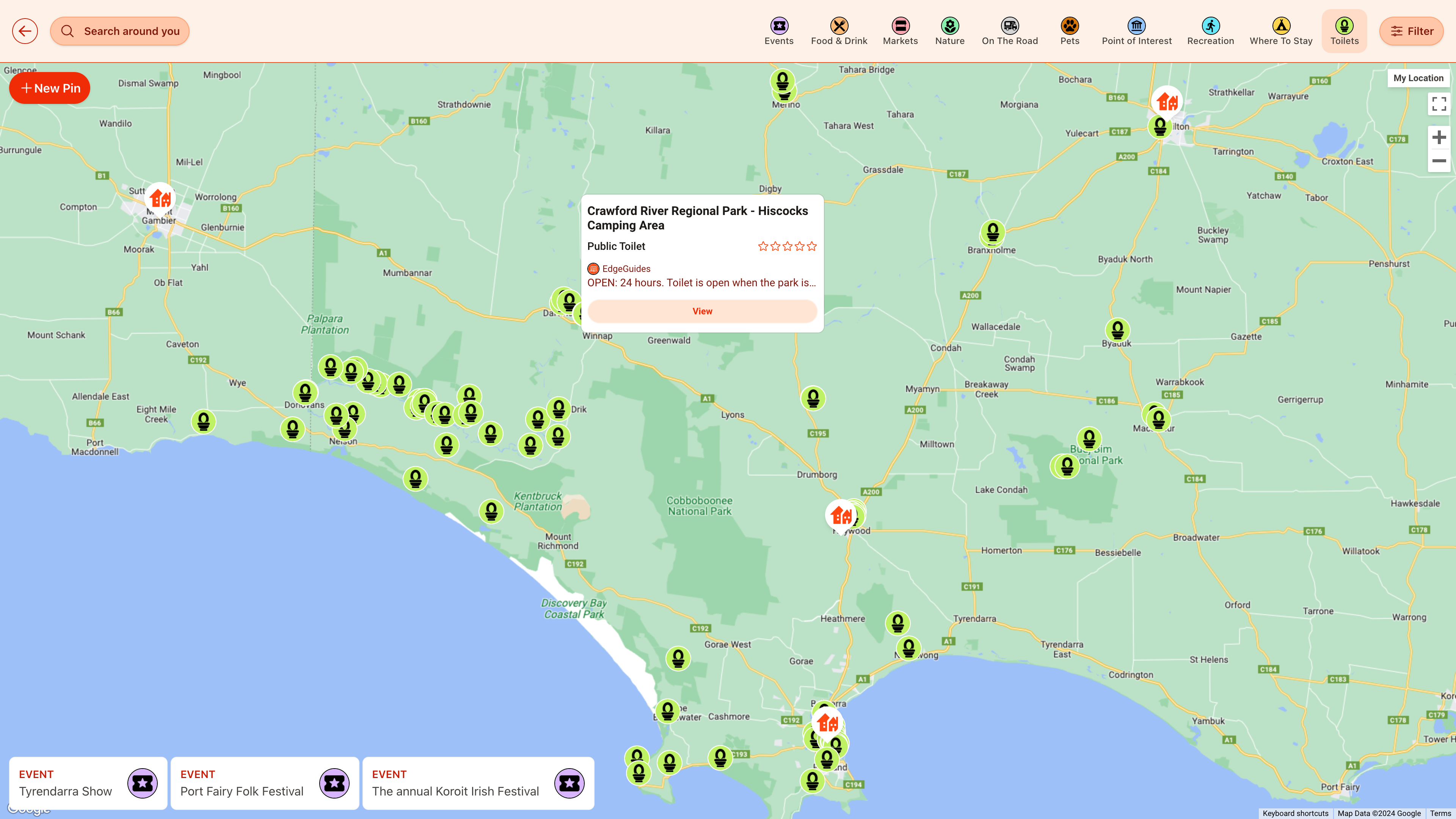 EdgeGuides map showing a large number of Public Toilet pins.